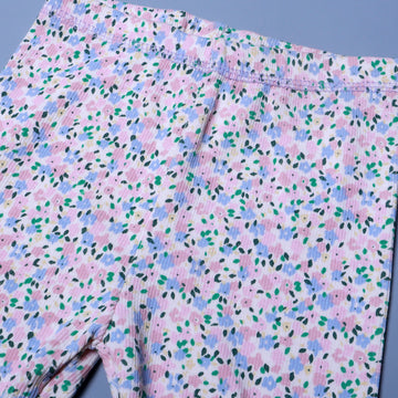 MULTI FLOWERS PRINT RIBBED FABRIC 3 QUARTER PAJAMA TROUSER